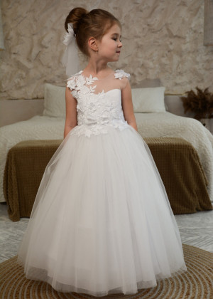 Ivory Lace Tulle Floral Flower Girl Dress With Detachable Train